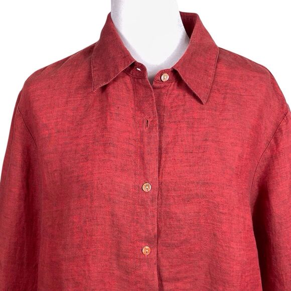 Garnet Hill Linen Blouse 14 Terracotta Red Orange Stripes Fringe Hem - Picture 5 of 16